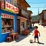 **

A vibrant, nostalgic scene of a child playing with a "Selçuk" action figure in a typical Turkish neighborhood. The background includes elements like a "bakkal" (corner store), a "çay bahçesi" (tea garden), and children playing "futbol" (soccer) in the street. Capture the feeling of a warm, sunny afternoon filled with innocent fun. Style: Cartoonish, reminiscent of classic Turkish children's cartoons.

**