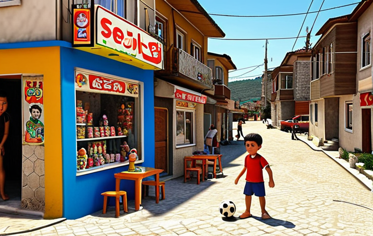 **
A vibrant, nostalgic scene of a child playing with a "Selçuk" action figure in a typical Turkish neighborhood. The background includes elements like a "bakkal" (corner store), a "çay bahçesi" (tea garden), and children playing "futbol" (soccer) in the street. Capture the feeling of a warm, sunny afternoon filled with innocent fun. Style: Cartoonish, reminiscent of classic Turkish children's cartoons.
**